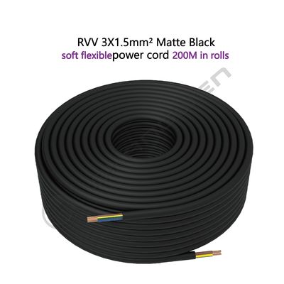 3*1.5mm²  Black Power Cord CE CCC VDE RVV Power Cord 3 Core Flame Retardant H05RR-F 300/500V Soft Bare Copper Power Cord
