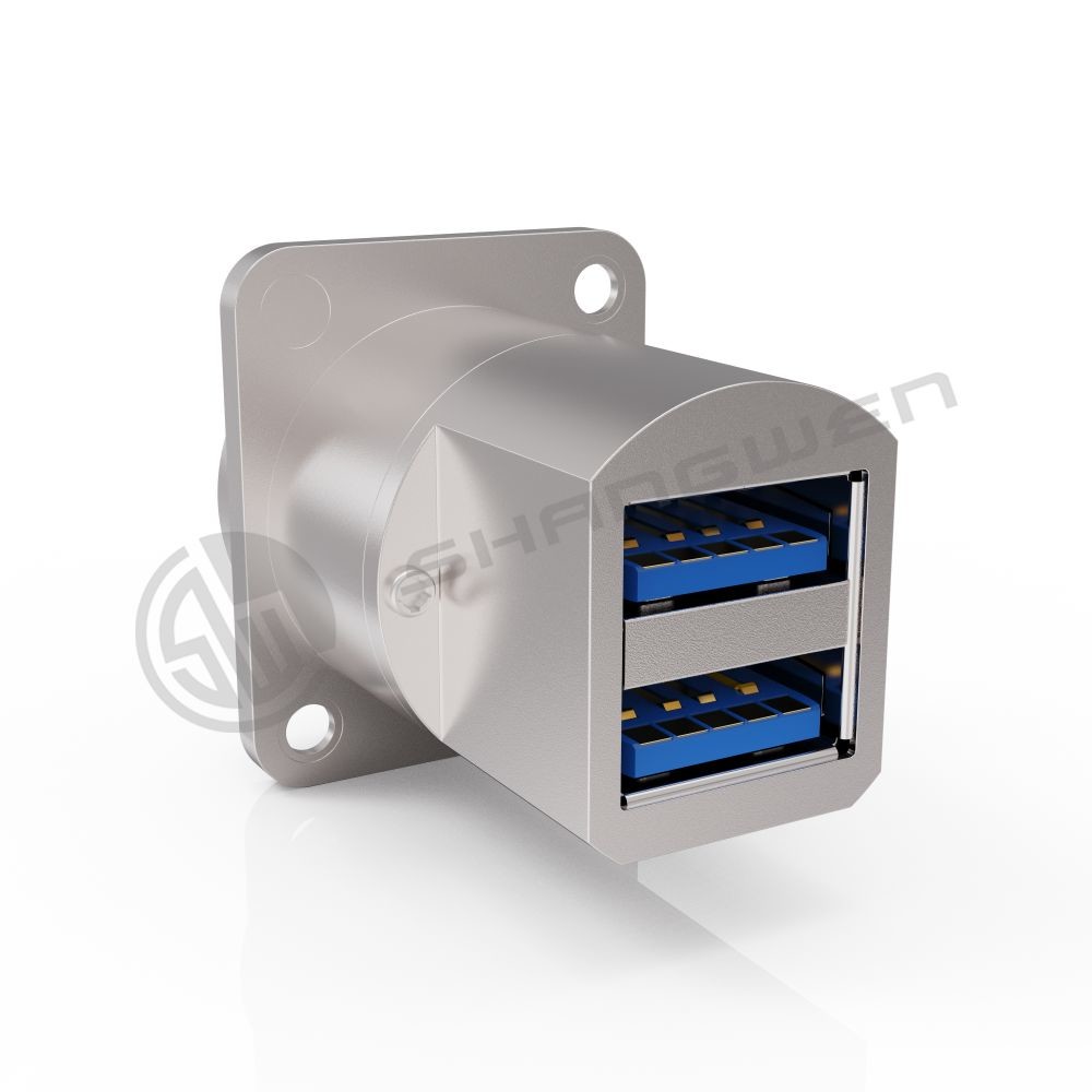 Shielded Usb Socket Double Port Panel Mount Connector Waterproof 9 Pin Shielded USB Connector